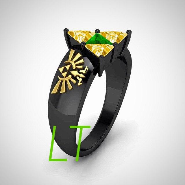 Hochzeit - Men's The Legend of Zelda Link Inspired 3.25 Cts Yellow and Emerald Swarovski Diamond Triforce on Yellow and Black Gold Engagement Ring