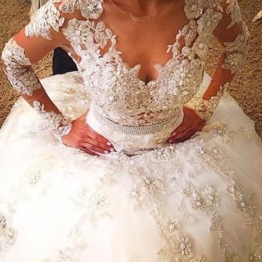 زفاف - Luxurious Sheer Neck Bridal Wedding Dresses - Ball Gown Long sleeves with Flowers Lace