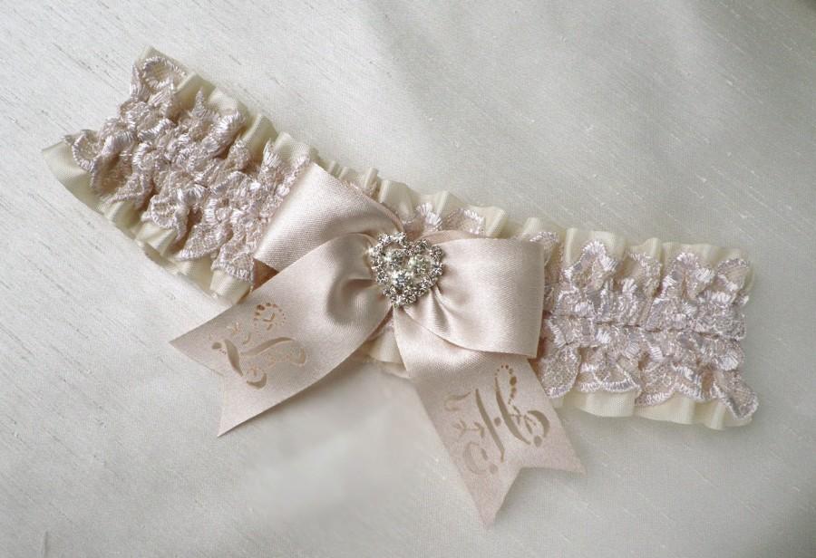 Hochzeit - Vintage style ivory champagne lace satin  wedding bridal Personalized garter any size / language