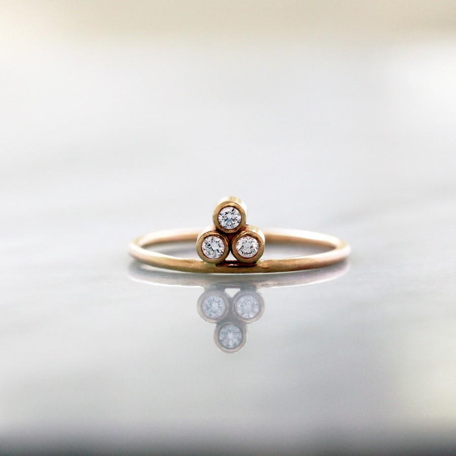 Wedding - Diamond Trio Ring, Unique Engagement Ring, Diamond Trinity Gold Pyramid, 14k Yellow Gold Stacking Jewelry, Three Stones