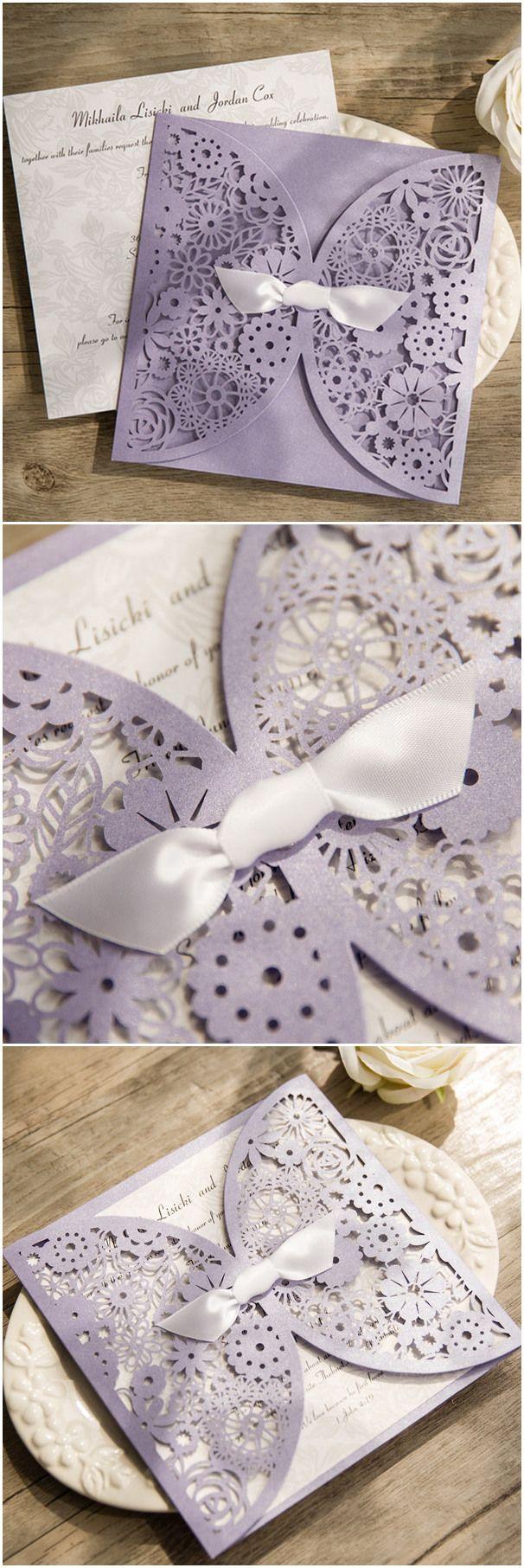 زفاف - Light Purple Floral Laser Cut Wedding Invitation With White Ribbon Bow EWWS125