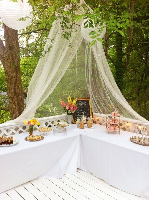 زفاف - Tables Set Up On Deck With A Lace Canopy And Hanging Lanterns. Pretty Idea For A Vintage Tea Party/bridal Shower.