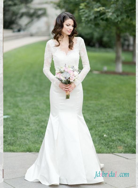 زفاف - H1588 Elegant illusion lace long sleeved mermaid wedding dress