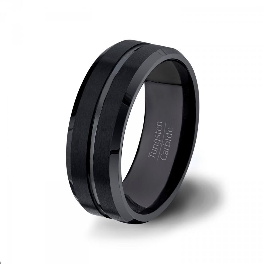 Mariage - Mens Wedding Bands Black Tungsten Ring 8mm Brushed with Center Groove and Beveled Edges Comfort Fit