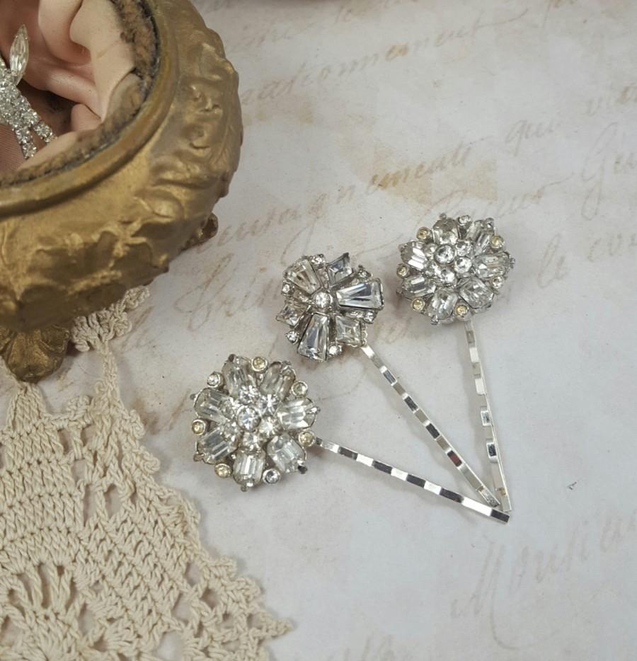 زفاف - Set of 3 Bridal Hair Pins, Jeweled Bridal Hair Pins, Rhinestone Hair Pins, Vintage Bobby Pins, Assemblage Rhinestone Bridal Bobby Pins