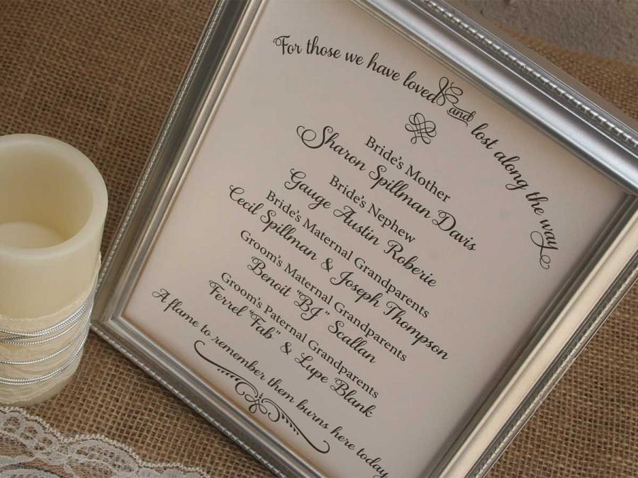 Wedding - Memorandum Sign - For those we have loved and lost along the way, a flame to remember them burns here today, NO Frame