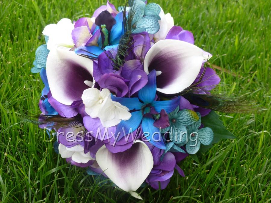 Hochzeit - Purple hydrangea and picasso calla lily bouquet, small bridal bouquet, maid of honors or bridesmaids bouquet