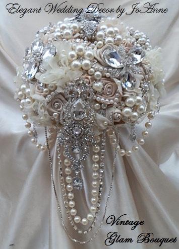 زفاف - UNIQUE BOUQUET, DEPOSIT, Ivory Champagne Jeweled Wedding Brooch Bouquet, Cascading Pearl Brooch Bouquet, Custom Bouquet, 550 usd