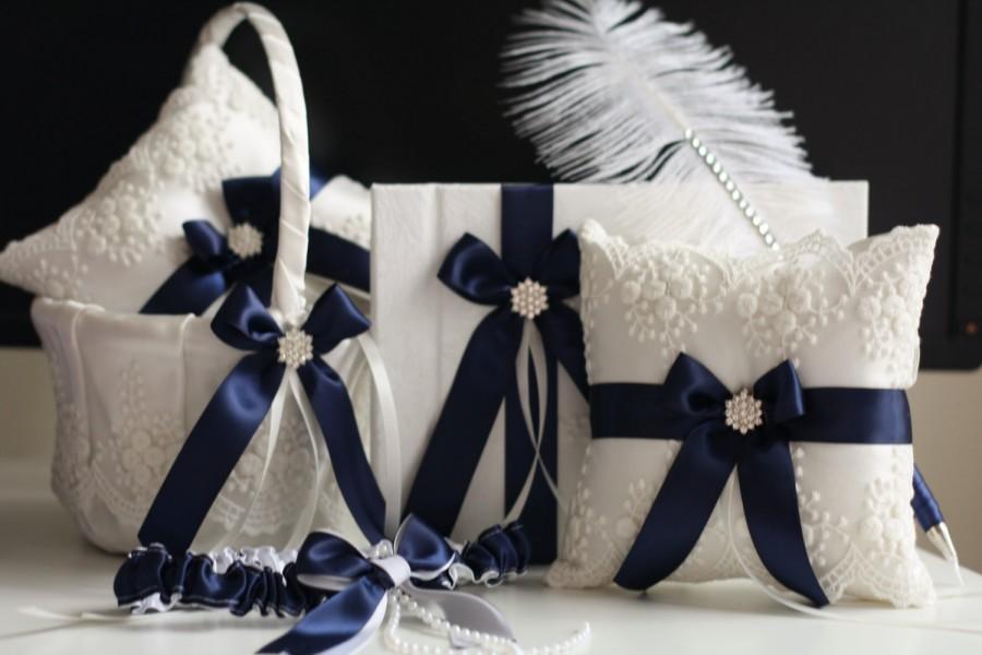 Hochzeit - Navy Blue Wedding Basket + Bearer Pillows + Guest Book with Pen + Bridal Garter  Lace Wedding Pillow + Flower Girl Basket Accessories Set