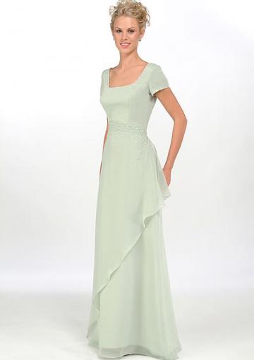 Wedding - Short Sleeves Chiffon Ruched Square Floor Length