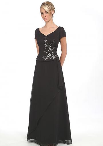 Mariage - V-neck Floor Length Black Short Sleeves Appliques Ruched Chiffon