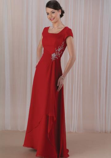 Mariage - Short Sleeves Red Square Floor Length Appliques Chiffon Ruched