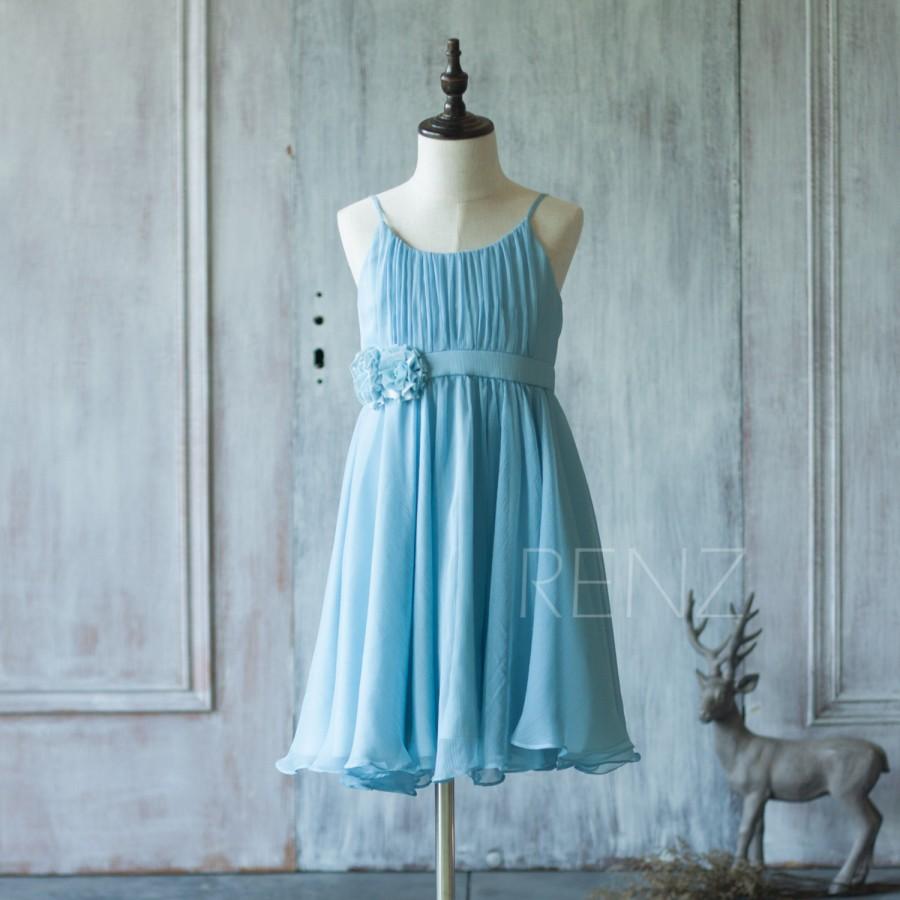 Mariage - 2016 Light blue Junior Bridesmaid Dress, Spaghetti Strap Flower Girl Dress, a line Rosette dress, Draped dress knee length (SK180)