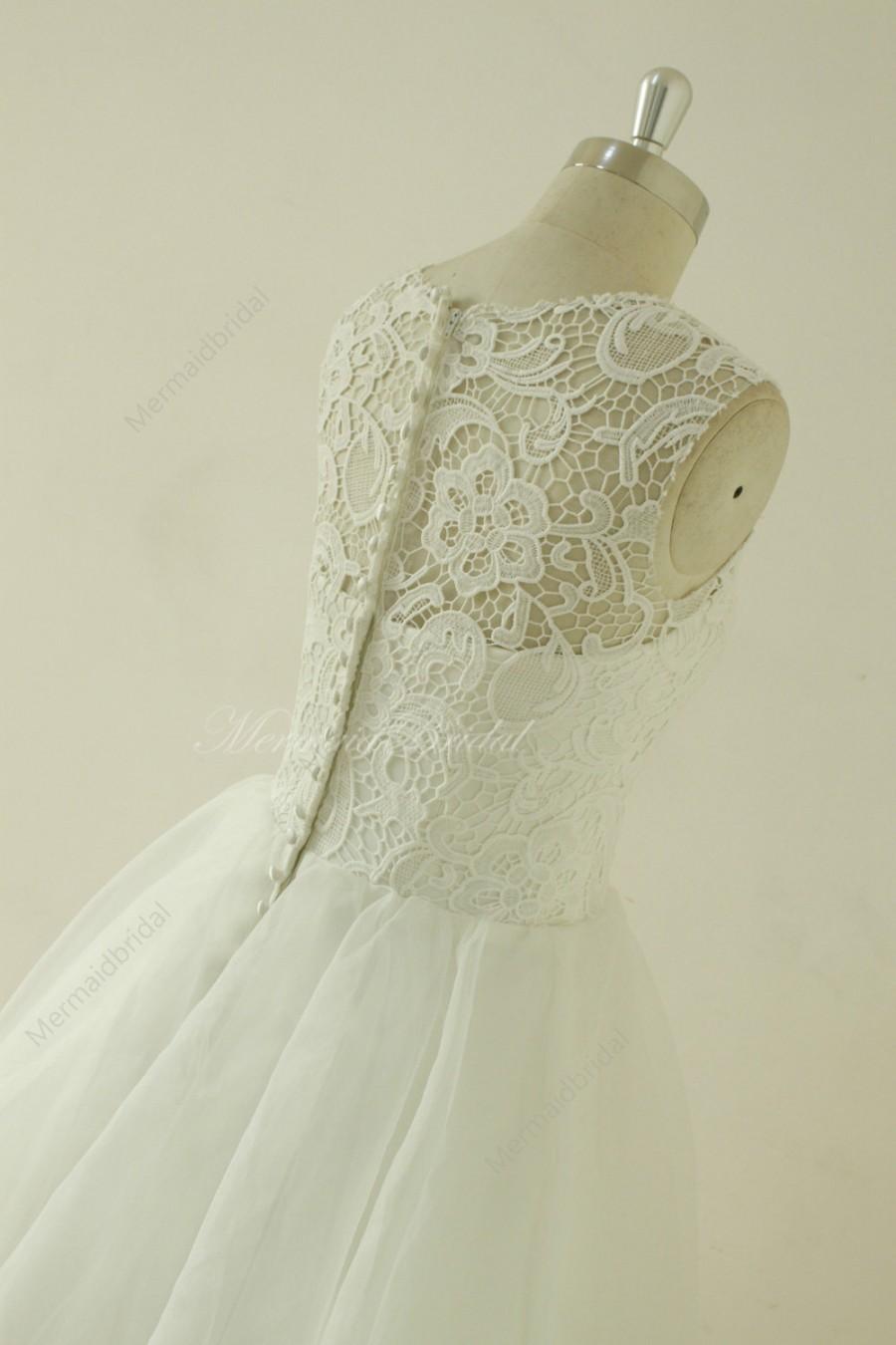 Mariage - Vintage knee length lace wedding dress,  lace prom dress with illusion neckline