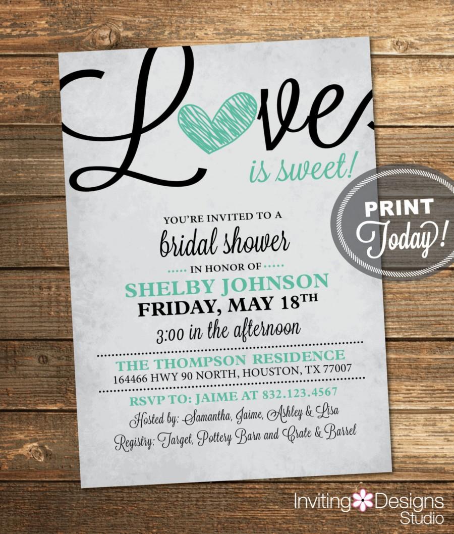 Hochzeit - Bridal Shower Invitation, Love is Sweet, Heart, Black, Mint Green, Rustic, Sweet, Candy, Printable File (Custom Order, INSTANT DOWNLOAD)