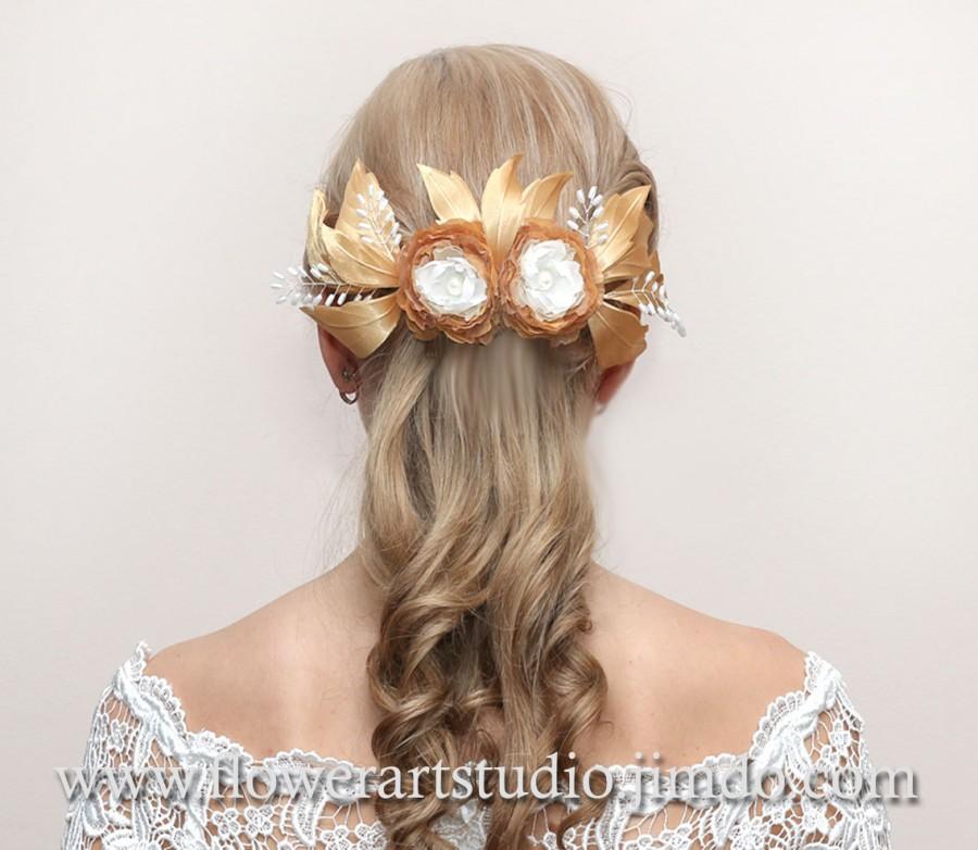 زفاف - Bridal Headpiece, Ivory and gold flower comb, Gold color flower bridal headpiece, Bridal Hair Flower, Hair Accessories, Feminine flower comb