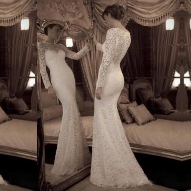 Hochzeit - Elegant Vintage Sheath Lace Wedding Dress with Long Sleeves