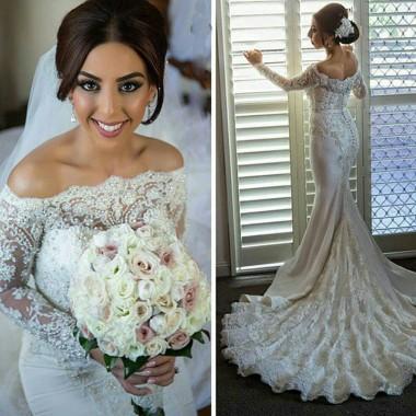 Wedding - Delicte Long Bateau Mermaid Wedding Dress Bridal Gown with Long Sleeves