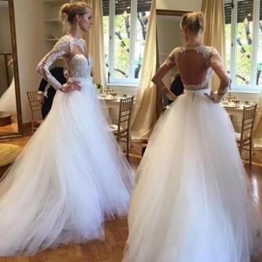 Wedding - Dramatic White Open Back Long Bridal's Wedding Dress