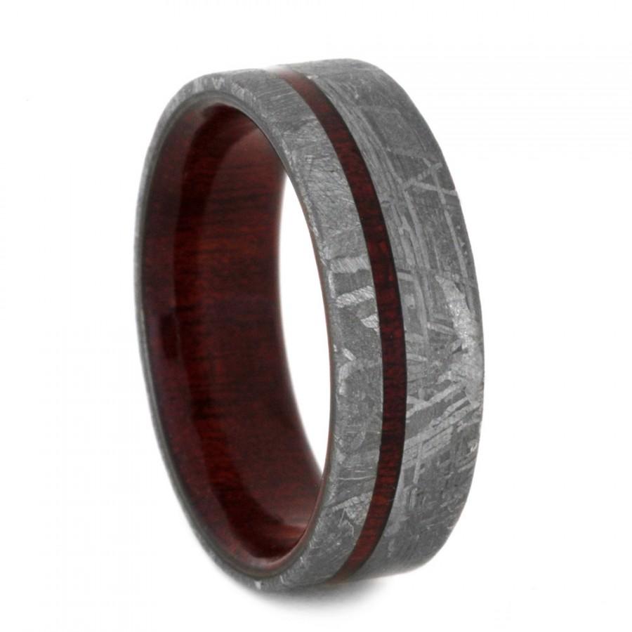 Wedding - Meteorite Wedding Band, Custom Ring With Bloodwood Sleeve and Pinstripe, Men's Wood Ring