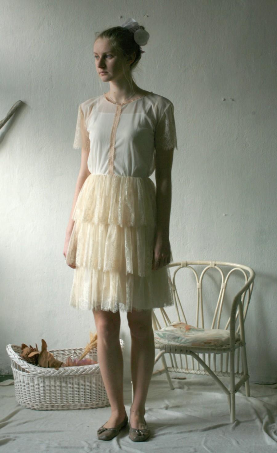 زفاف - ON SALE Elegant tulle and lace cream short layer dress with cotton slip dress  20%OFF