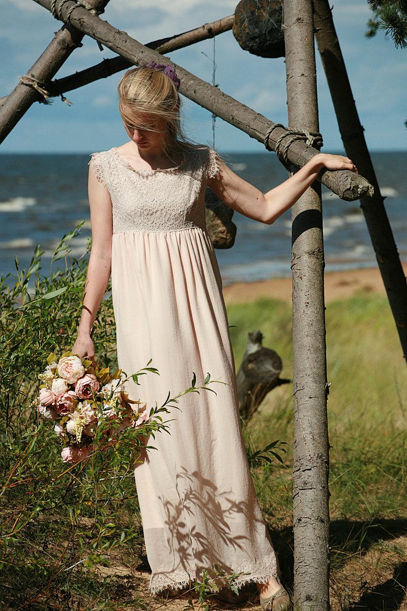 زفاف - Dusty pink, sand silk chiffon,viscose, lace bridal gown, maternity wedding dress empire cut- made by your measurments