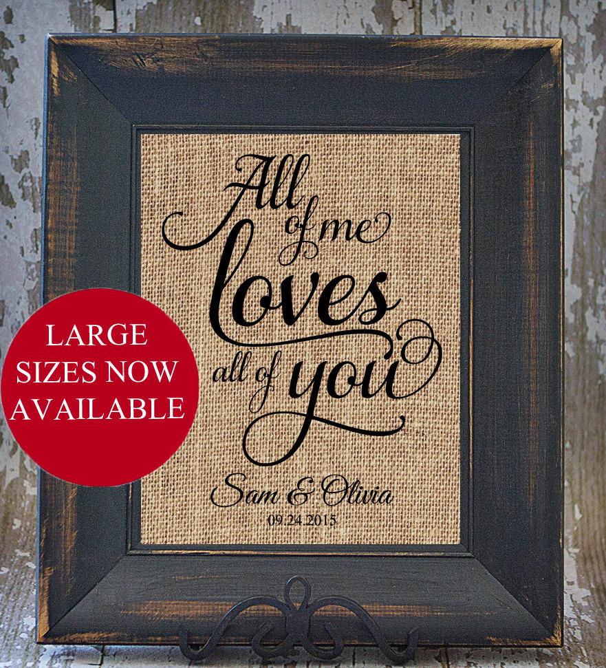Mariage - All of Me Rustic Wedding Fancy Scroll Personalized Burlap LOVE SONG Art Wedding Anniversary house warming gift