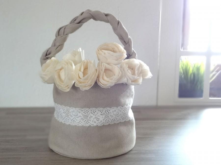 Mariage - Rustic wedding flower basket linen ecru natural color