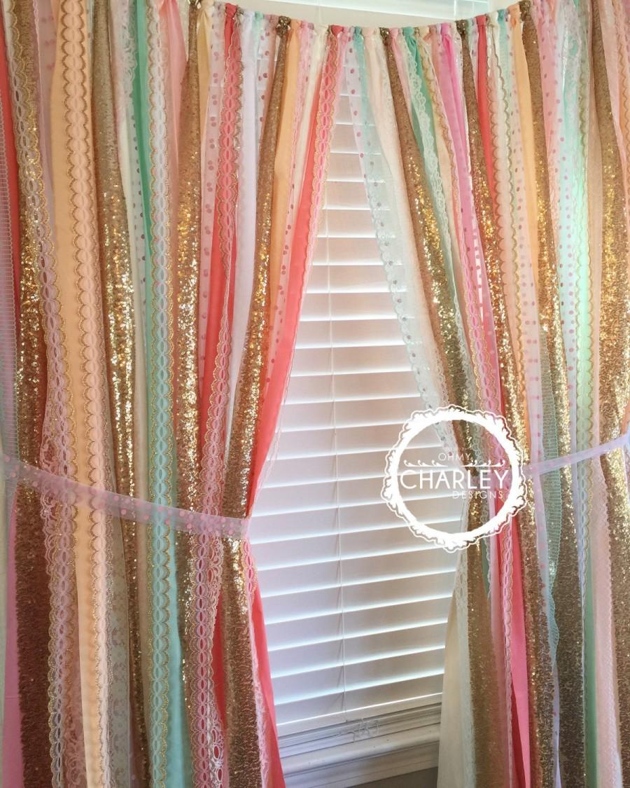 Mariage - Sherbet blends with Gold Sparkle Sequin Garland Curtain with Lace - Nursery Decor, Curtain, Crib Garland, Window Treatment
