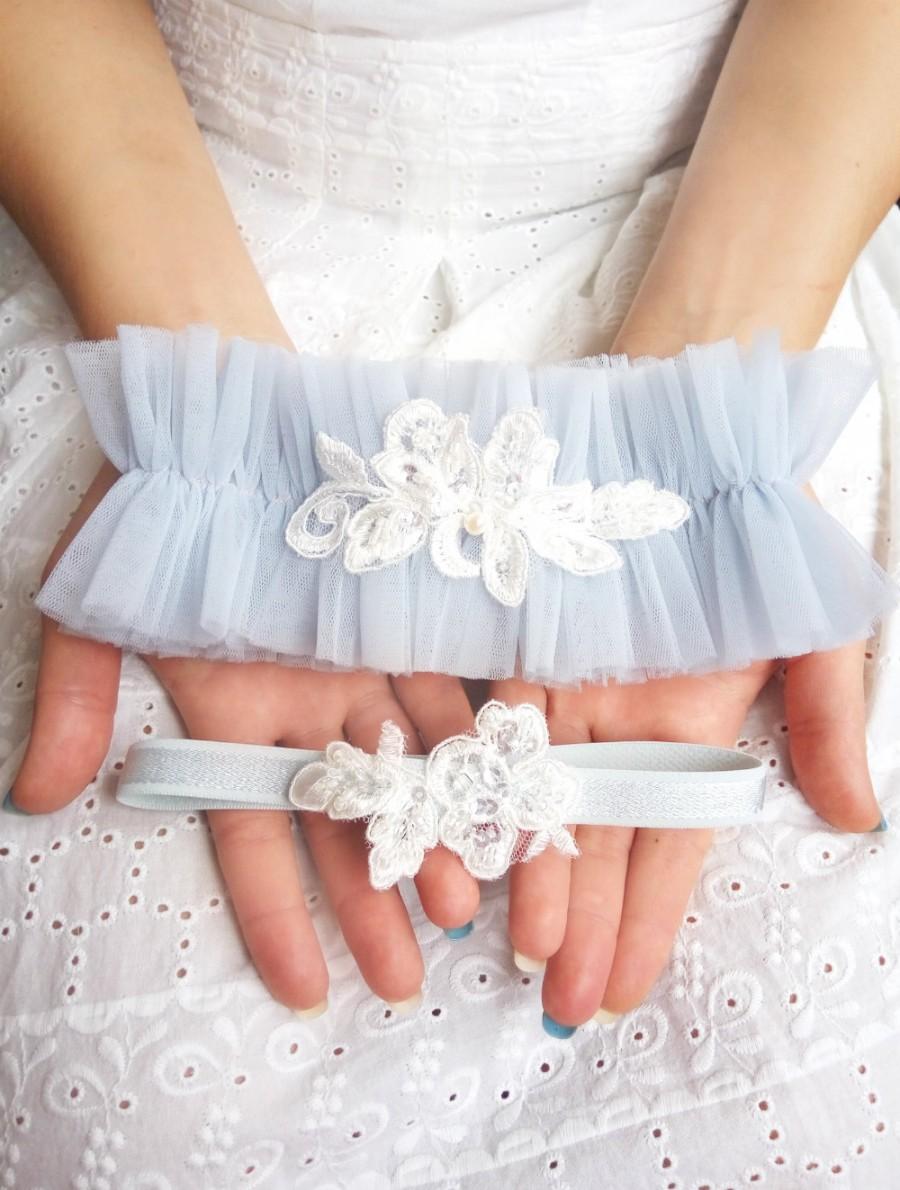 Свадьба - blue wedding garter, something blue, bridal garter, blue wedding garter, blue garter, lace garter set, tulle garter blue, ivory lace garter
