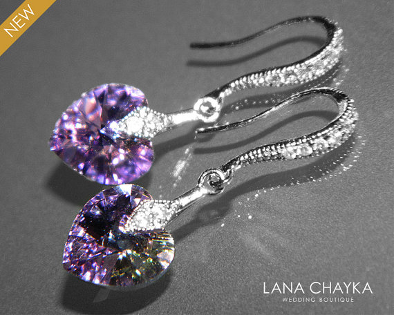 Hochzeit - Light Purple Heart Crystal Earrings Swarovski Vitrail Light Silver Small Heart Earrings Purple Crystal Wedding Earrings Heart Dangle Earring