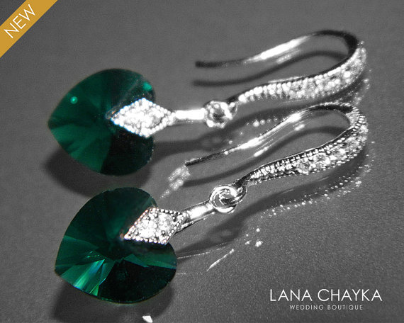 زفاف - Emerald Green Heart Crystal Earrings Swarovski Emerald Silver Small Heart Earrings Green Crystal Wedding Earrings Emerald Dangle Earrings