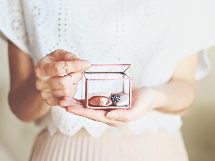 Wedding - NEW! Mini Glass Box / Lidded Glass Ring Bearer Box / Copper Wedding Ring Box / Summer Wedding / Copper Jewelry Box / Ring Pillow Alternative