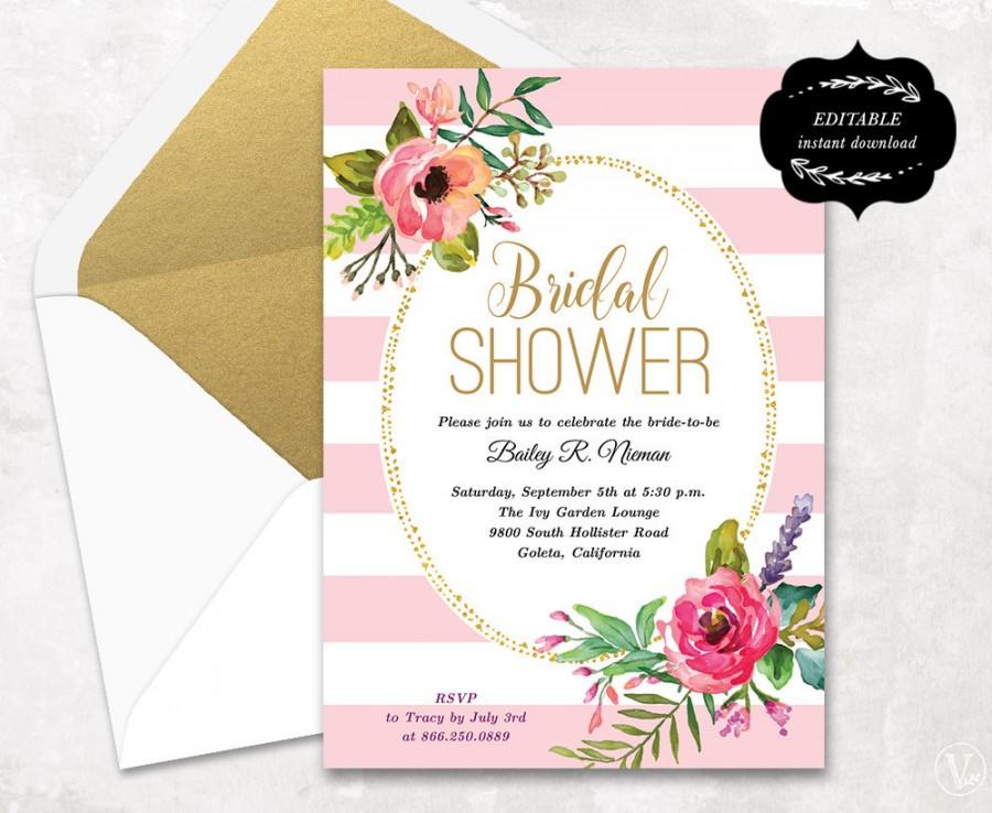 Mariage - Blush Pink Floral Bridal Shower Invitation Template, Printable Bridal shower Invitation, Instant DOWNLOAD - EDITABLE Text - 5x7, BS004