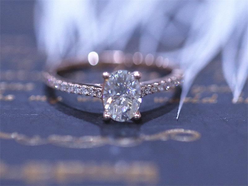 Hochzeit - Solid 14K Rose Gold 7x9mm Brilliant Charles & Colvard Moissanite Ring Oval Moissanite Engagement Ring Diamond Wedding Ring