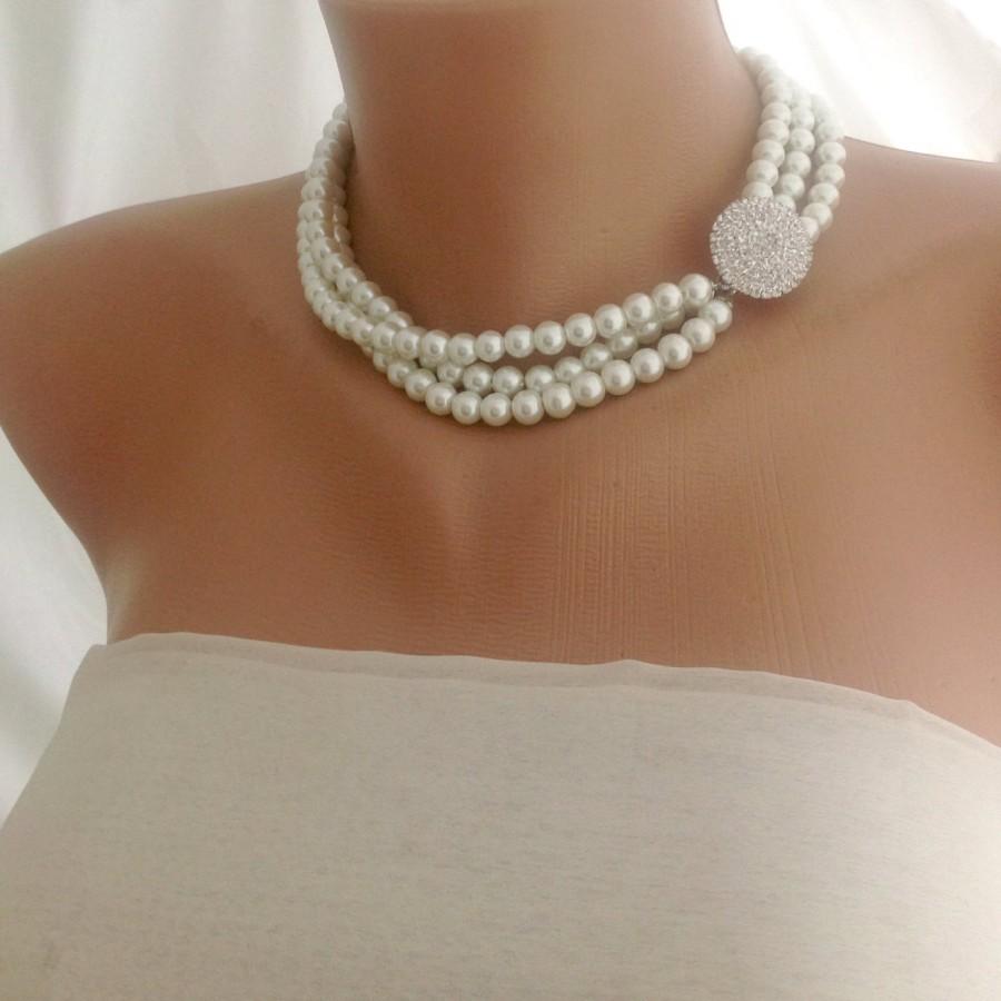 Hochzeit - 3 Strands Pearl Necklace,Maid Of Honor Gift,Personalized Bridesmaids Gifts,Ivory Pearl Necklace,Multi Strand Pearl Necklace, Crystal Brooch,