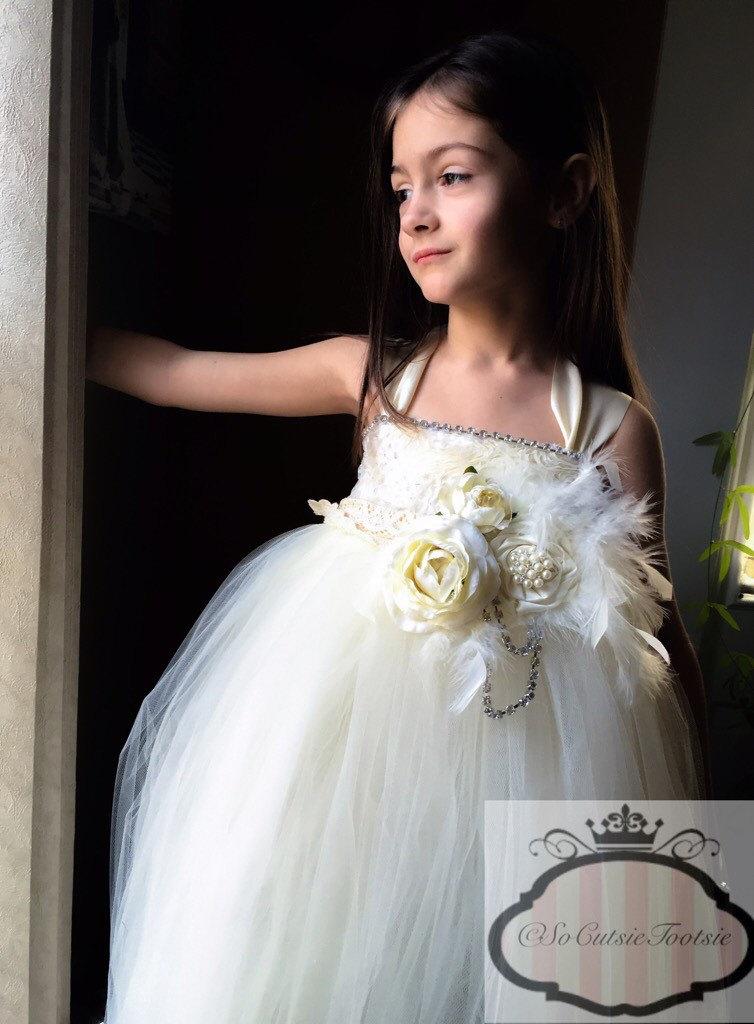 زفاف - NEW!! Princess Collection - "The Elizabeth Dress"-ivory flower girl tutu dress-feather dress-rustic flower girl dress-vintage inspired