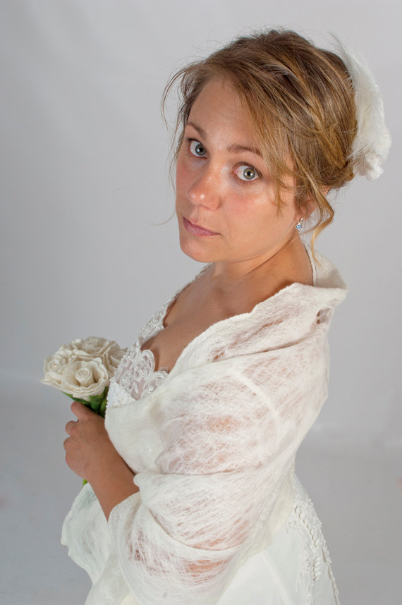 Hochzeit - Bridal Shawl Shrug Ivory Felted Lace Wedding bridal wrap cobweb style bridal cover up