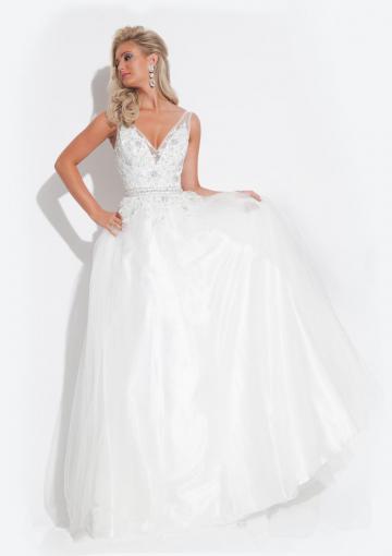 Hochzeit - Sleeveless White V-neck Blue V-back Appliques Tulle Floor Length Ball Gown