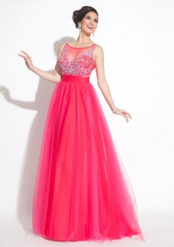 Mariage - Open Back Crystals Ruched Fuchsia Sleeveless Scoop Floor Length