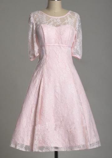 Hochzeit - Short Length Pink Short Sleeves Lace Scoop