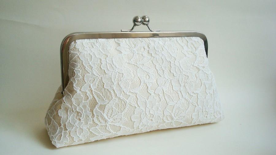Mariage - Bridal Wedding Clutch Purse Ivory Lace Champagne Dupioni Silk Something Blue Large Size purse Ready to Ship Made in England UK