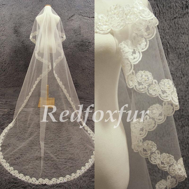 Свадьба - Hand-beaded cathedral veil, wedding veil, bridal veil, Alencon lace cathedral veil, diamond edge veil, ivory veil