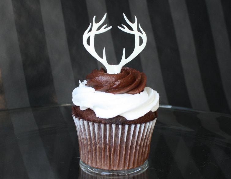 زفاف - 6 Deer Antler Cupcake Toppers (Acrylic)