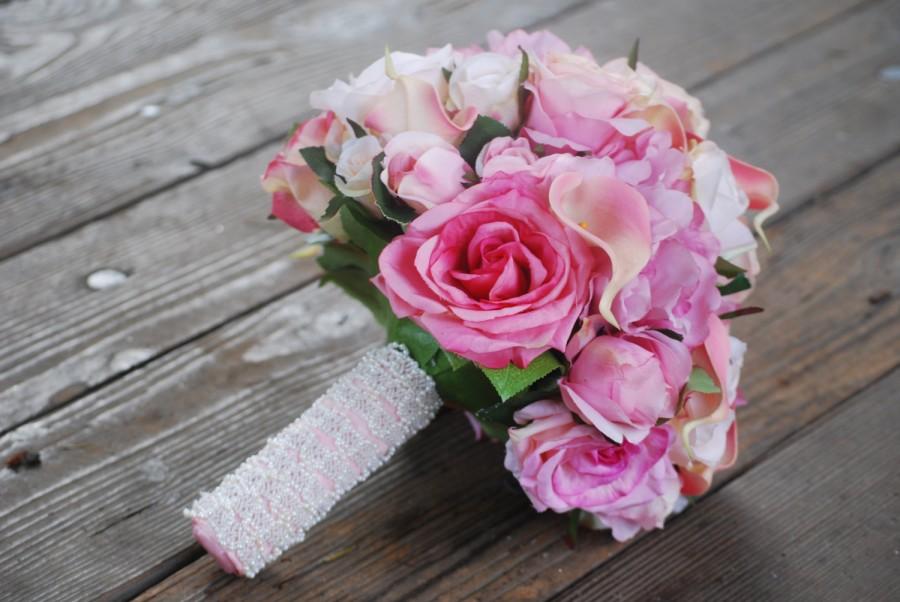 Wedding - Silk bridal bouquet, pink roses, peonies, calla lilies, seed pearl