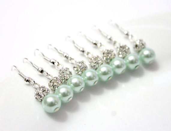 Wedding - 6 Pairs Mint Pearls Earrings, Set of 6 Bridesmaid Earrings, Pearl Drop Earrings, Swarovski Pearl Earrings, Pearls in Sterling Silver, 8 mm