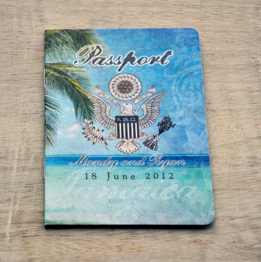 زفاف - Save the Date Wedding Passport Design Fee (US Traditional Emblem and Tropical Paradise Beach Design)