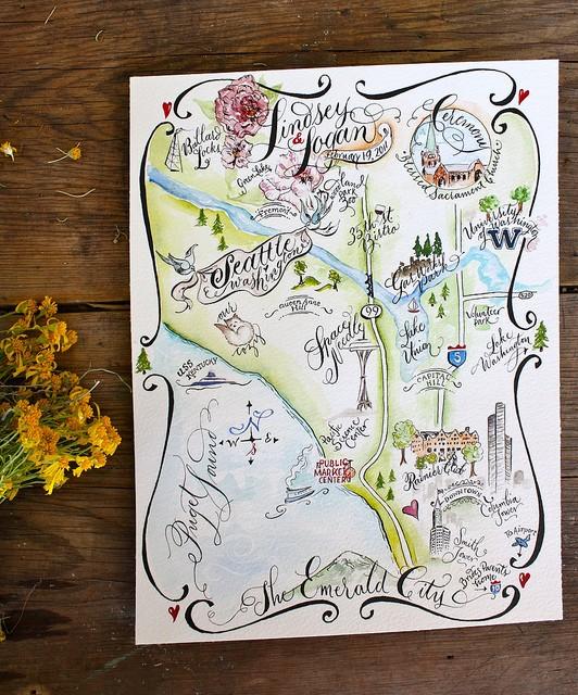 زفاف - Wedding Map, Save the Date, Custom Illustrated Watercolor and Calligraphy