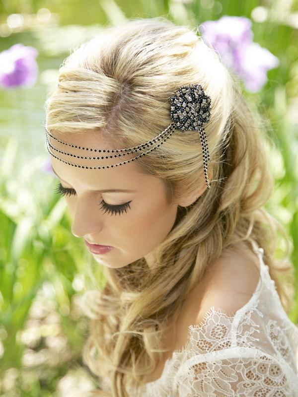 Hochzeit - Black Crystal Rhinestone Headband, Pewter, Black 1920's Hair Chain, Bridal Headpiece, Art Deco Headpiece, Black crystal forehead piece,