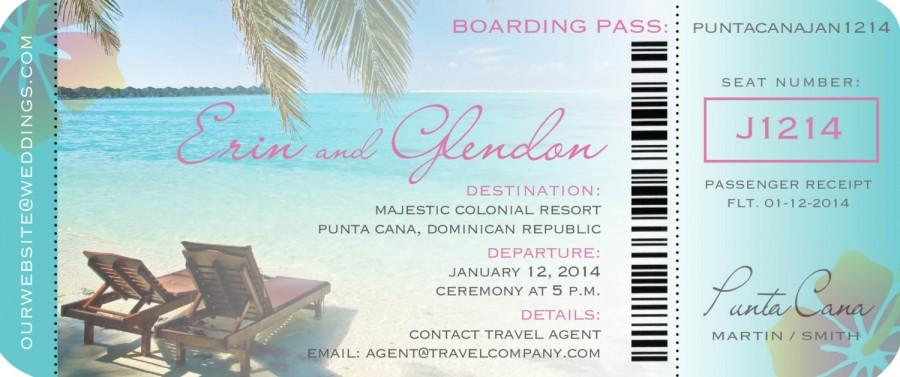 Wedding - Boarding Pass Ticket Invitation for Destination Wedding //  Palm Trees // Beach Chair  // Aqua Seaside